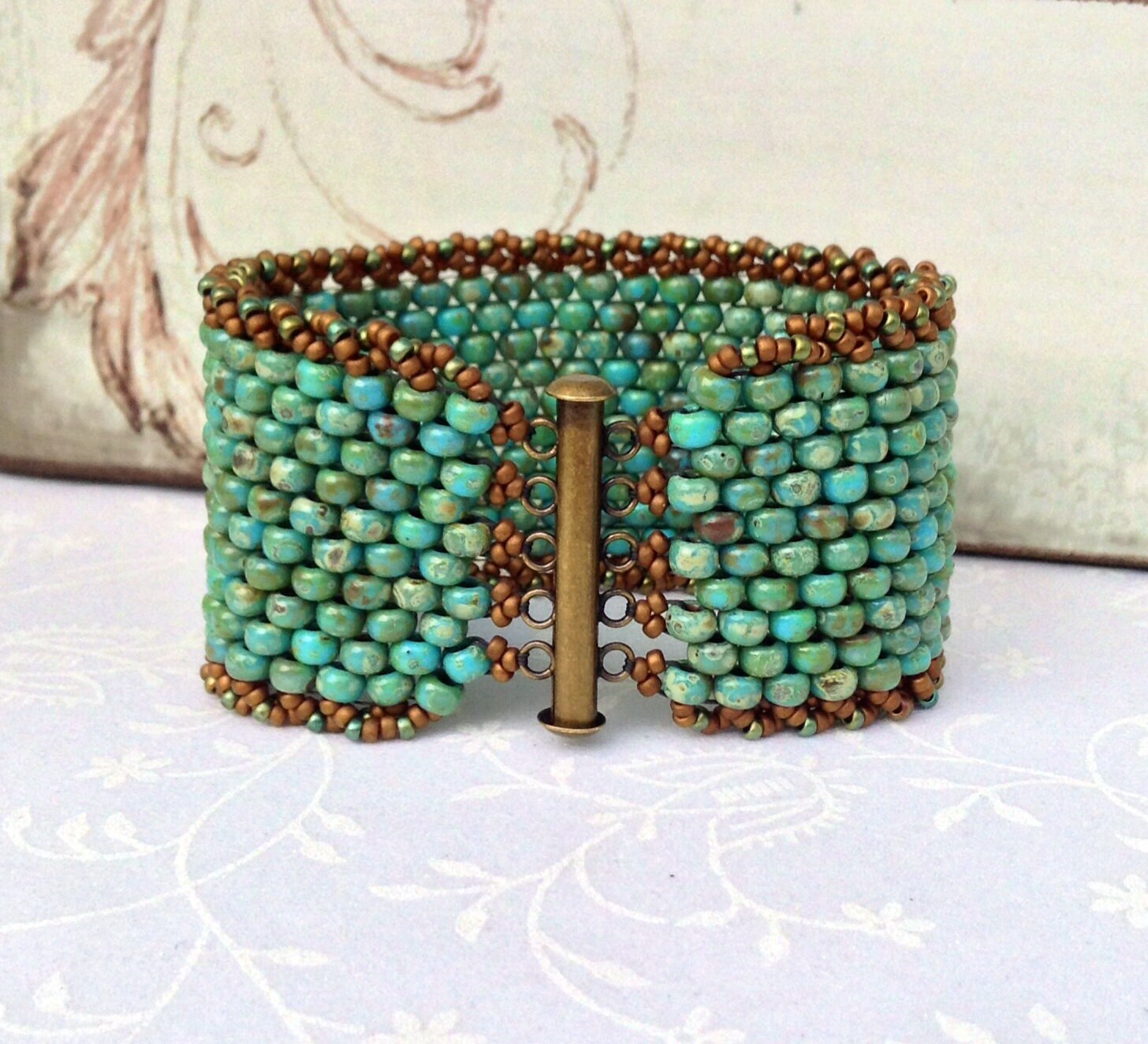 Peyote Cuff Beaded Bracelet Turquoise Beadweaving Rustic Etsy
