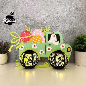 Lanterne de Pâques en forme de camion SVG pour Cricut, décoration de Pâques DIY, créez une boîte à ombres romantique pour votre journée spéciale