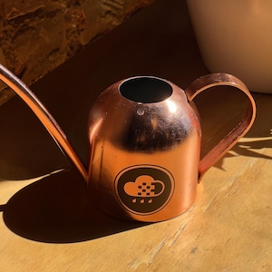 May include: A copper watering can with a black handle and a rain cloud logo. The logo is a stylized cloud with raindrops falling from it.