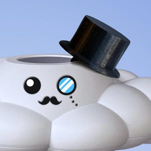 May include: A white cloud-shaped object with a cute cartoon face, wearing a black top hat and a blue monocle. The cloud has a black moustache and a small black dot for a nose.