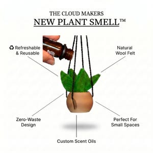 May include: A hanging plant ornament labeled THE CLOUD MAKERS NEW PLANT SMELL, featuring green wool felt leaves in a small tan pot suspended by black cords. An amber glass bottle is shown dispensing liquid into the plant, with text labels.
