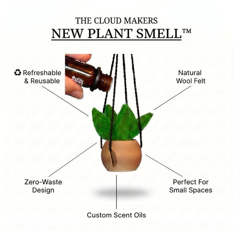 May include: A hanging plant ornament labeled THE CLOUD MAKERS NEW PLANT SMELL, featuring green wool felt leaves in a small tan pot suspended by black cords. An amber glass bottle is shown dispensing liquid into the plant, with text labels.