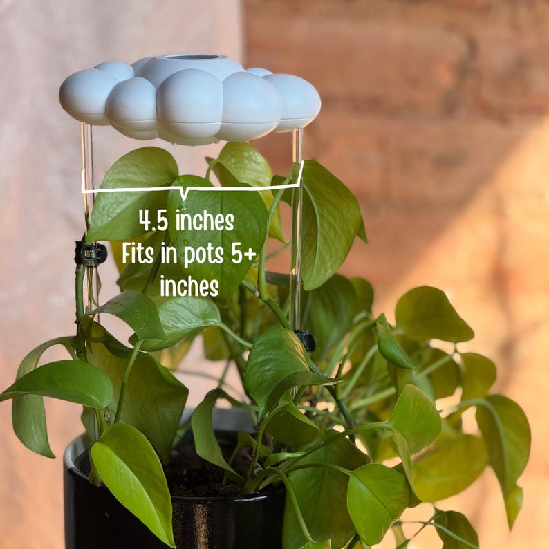 K&ouml;nnte beinhalten: Eine wei&szlig;e, wolkenf&ouml;rmige Pflanzenbew&auml;sserungsvorrichtung mit zwei klaren vertikalen St&uuml;tzen &uuml;ber einer gr&uuml;nen Pflanze in einem schwarzen Topf. Der Text 4.5 inches und Fits in pots 5+ inches ist auf dem Bild zur Gr&ouml;&szlig;enangabe abgedruckt.