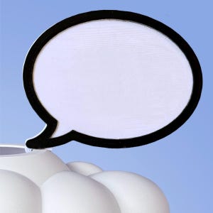 Può includere: Un oggetto bianco e soffice a forma di nuvola con un fumetto nero e bianco sopra. Il fumetto è vuoto.