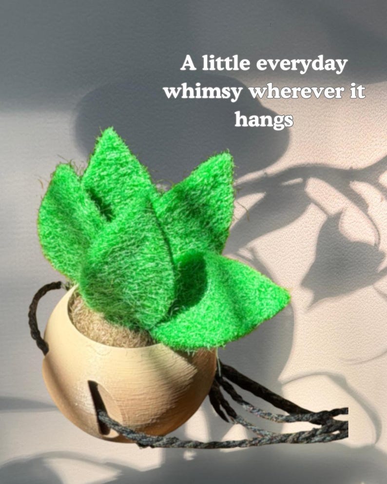 May include: A bright green felt succulent plant housed in a round, light-colored wooden hanging planter with a dark cord. The text "A little everyday whimsy wherever it hangs" is printed in white above the plant.