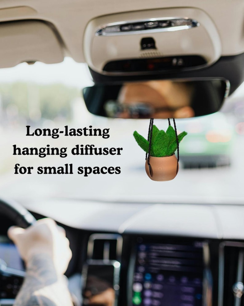 May include: A hanging car diffuser featuring a small terracotta-colored pot with a green felt succulent plant, suspended by black cords from a rearview mirror. The text "Long-lasting hanging diffuser for small spaces" is printed on the left side.