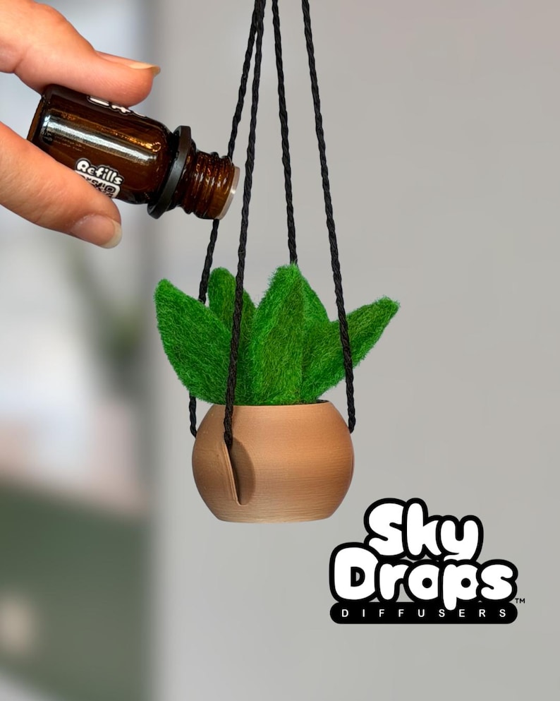 May include: A small, round, tan-colored planter containing green, textured, leaf-like foliage, suspended by three black braided cords. A brown glass bottle is positioned above the planter. The text Sky Drops Diffusers is visible.