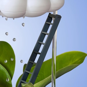 May include: A white cloud with raindrops falling from it, a gray ladder leaning against a silver pole, and a green leaf in the foreground.