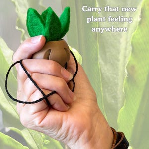 May include: A small brown pot with a vibrant green felt succulent plant attached to a thin black string. The text "Carry that new plant feeling anywhere" is printed in white on the right side of the object.
