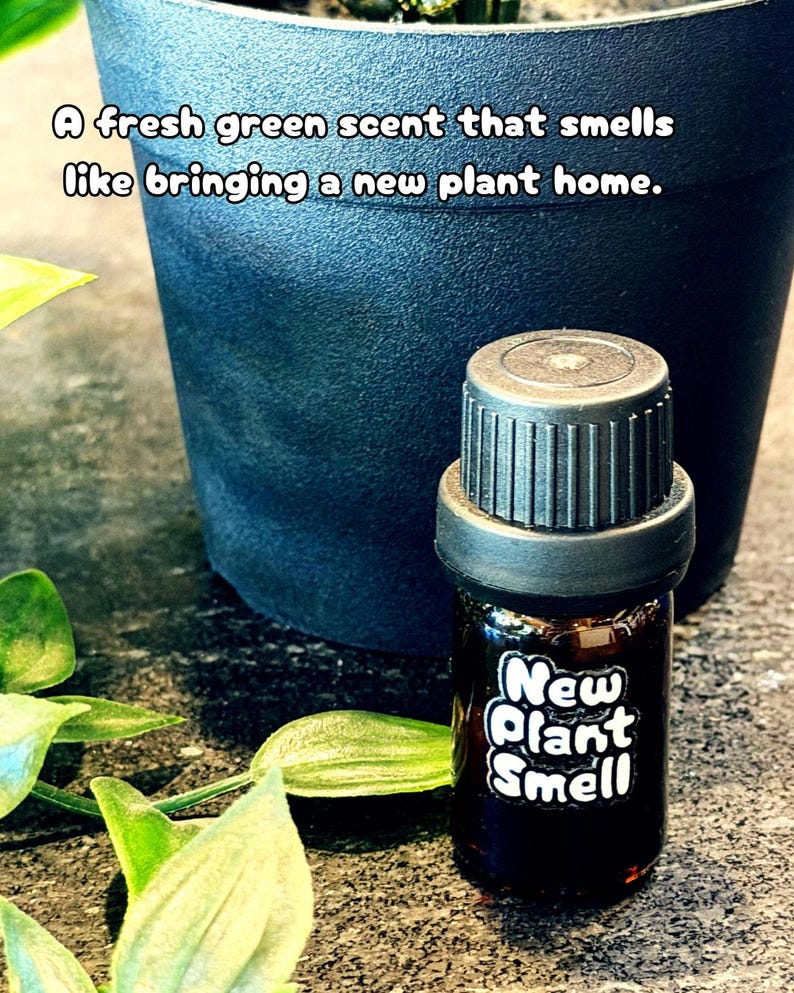 May include: A small amber glass bottle with a black ribbed cap and a white label featuring the text New Plant Smell. The bottle is positioned in front of a dark gray plant pot. The text A fresh green scent that smells like bringing a new plant home is visible at the top.