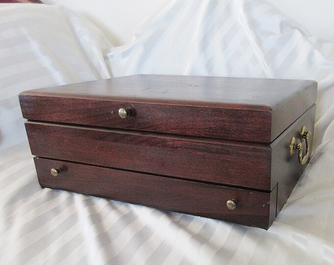 Dk Brown Wooden Flatware STORAGE BOX CHEST W/drawer Brass Accents 4