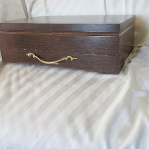 50s/60s Brown Formica? ONEIDA Mid-Century STORAGE Box CHEST w/Drawer Brass Pull for Sterling/Silverplate/Stainless Holds Ser/12 As Is Cond