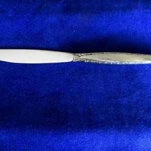 May include: A silver butter knife with a white handle. The knife has a decorative pattern on the handle.