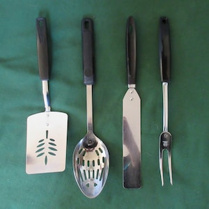4 Vtg Upcycled Shiny CHROME Plated/Stainless Kitchen COOKING Utensils Tools with Blk Plastic Handles marked EKCO  Well Used Condition!