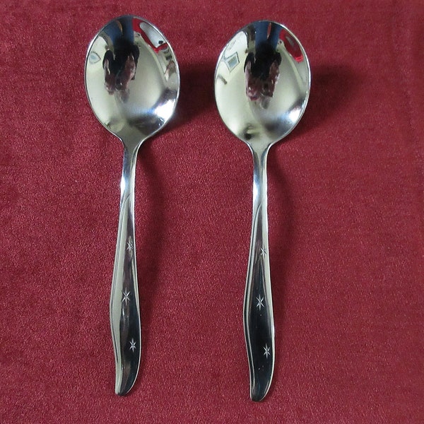 2 Rd Stainless Gumbo/Cream Soup SPOONS from Mar-Crest in CITATION Pattern w/3 Atomic Stars/Sunbursts on Handles Good Condition