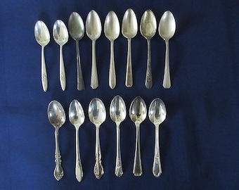 14 Assorted WORN VINTAGE Silverplate TEASPOONS in Many Patterns from Different Manufacturers Fair Condition Show Wear for Crafts or ??