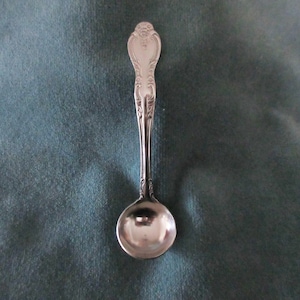 Può includere: Un piccolo cucchiaio d'argento con un manico ornato e una coppetta arrotondata. Il cucchiaio è fatto di metallo lucido e probabilmente viene utilizzato per servire o mangiare. Il manico presenta un motivo floreale.
