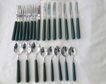 23 pcs Partial Set service for 5+ STAINLESS Flatware with Dark Green Plastic Handles marked China Used Condition!