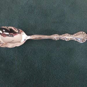 May include: A silver spoon with a scalloped bowl and ornate handle. The spoon is highly reflective, showing the surrounding environment. The handle features a detailed floral design, adding to its elegant appearance. The spoon is likely for serving.