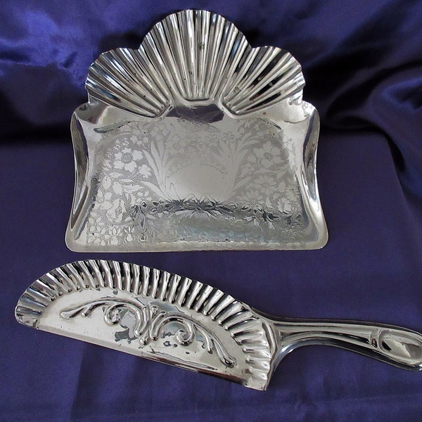 2 pc Silver Color Antique Metal CRUMBER/Tray/Silent Butler with Neat Eastlake Bird Pattern Good Condition for Its Age