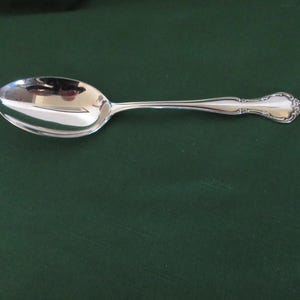 Può includere: Un cucchiaio d'argento con una coppa riflettente e un manico ornato. Il cucchiaio è posto su uno sfondo verde scuro, evidenziando la sua superficie lucida e i dettagli decorativi. Questo utensile è probabilmente per servire o mangiare.