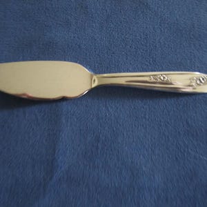 May include: A silver butter knife with a broad, curved blade and a decorative handle. The handle features floral designs. The knife is set against a blue background.