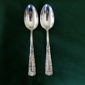 2 Antique Silverplate Oval Soup SPOONS from Wallace in the PORTLAND Pattern Straight Handles Scrolls Down Sides Good Cond N Wear!