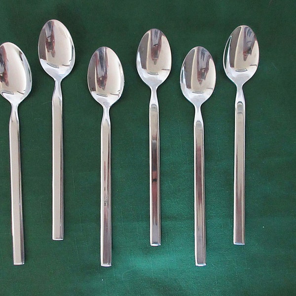 6 Unmarked Heavier Tall MODERN Sleek STAINLESS Ice Tea Sundae SPOONS with Plain Handles Beveled Edges Used Condition!