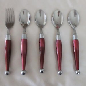 5 Stainless pcs 4 Teaspoons/1 Salad Fork from CAMBRIDGE in the CARNIVAL Pattern w/RED Plastic Handles Metal Ball on End Good Condition