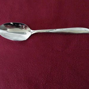 Puede incluir: Una cuchara plateada brillante con un cuenco redondeado y un mango delgado. El mango presenta un diseño decorativo de estrella cerca del extremo. La cuchara se encuentra sobre un fondo rojo oscuro.