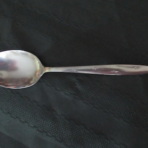 May include: A silver spoon with a rounded bowl and a handle decorated with star-shaped designs. The spoon is set against a dark, textured background, suggesting a dining or kitchen setting.