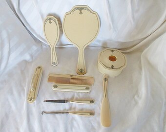 1930's 8 pc Ivory CELLULOSE DRESSER/Vanity SET Hand Mirror w/Matching Brush Comb Manicure Set and More w/Fancy Delicate Pattern Super Cond!