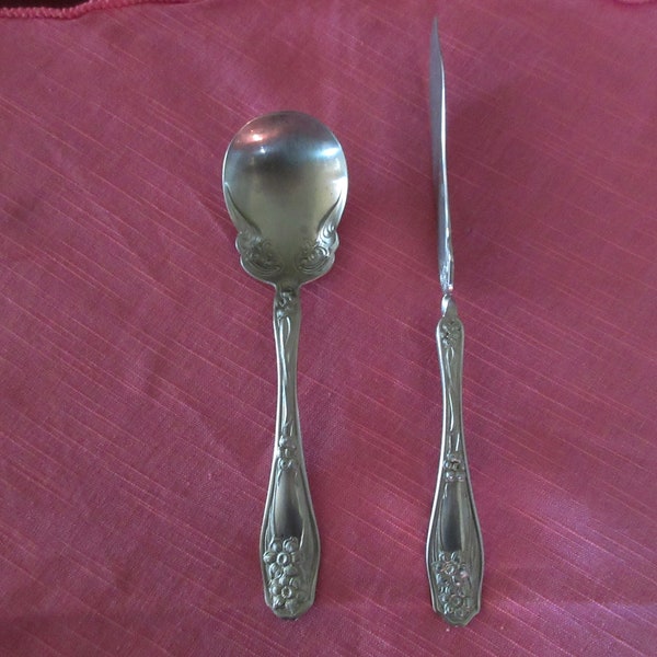 Antique Nickel Silver Sugar SPOON & Twisted Handle Butter Spreader/KNIFE Rogers Silverware/Flatware FLORAL Pattern Embossed Flowers Handles