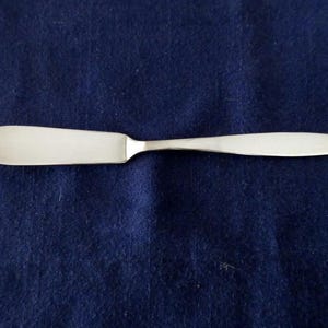 May include: A stainless steel butter knife with a rounded blade and a slender handle. The knife is positioned horizontally against a dark blue background, showcasing its polished, reflective surface. The design is simple and elegant.