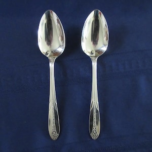 2 Solid Silverplate Serving SPOONS from National Silver in &#39;elegant&quot; PRINCESS ROYAL Pattern Flowers w/V Fan End Handle  Super Cond!