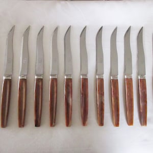 Könnte beinhalten: Set aus zwölf Steakmessern aus Edelstahl mit braunen Kunststoffgriffen.
