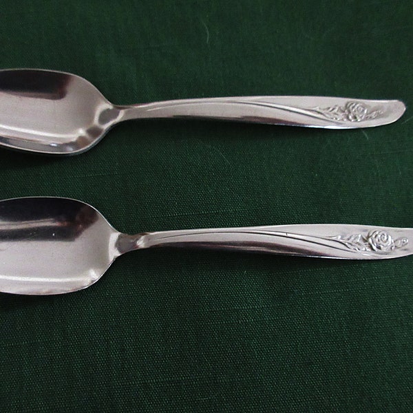 2 Stainless 6 1/2" Oval Soup SPOONS from ONEIDA in ROSEANNE aka Rose Pastel Pattern with a Single Rose  on Handle Good Used Condition!