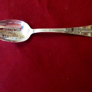 Silverplate Souvenir Hall of Science Teaspoon from 1933 CHICAGO WORLD&#39;S FAIR Century of Progress Travel and Transport Embossed  in Bowl