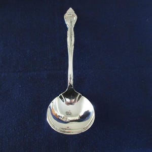 May include: A silver serving ladle with a decorative handle and a rounded bowl. The ladle is highly polished, reflecting the surrounding environment. The handle features ornate detailing, and the bowl is smooth and curved. The background is a solid dark blue.