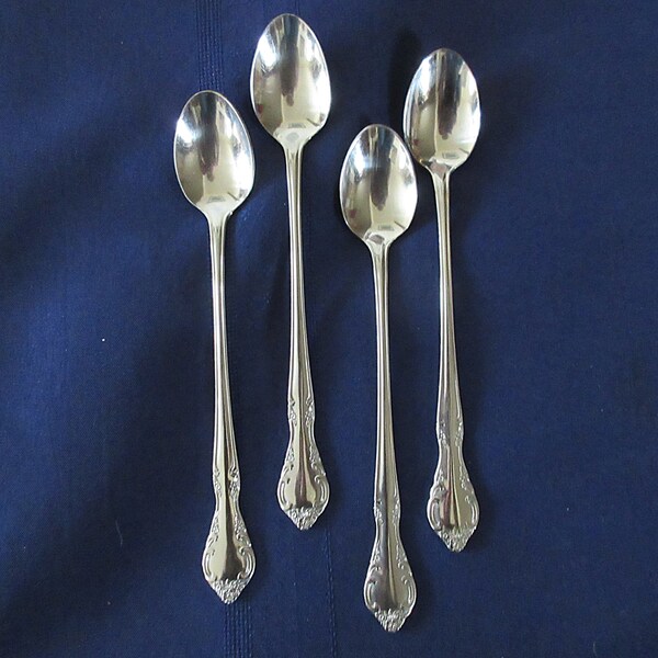 4 Tall Stainless Ice Tea Sundae SPOONS in a FLORAL Pattern with Shaped Handles w/Flowers/Scrolls on Edge marked Korea Good Cond!