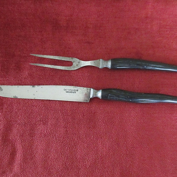 Small 2 pc  Antique Turn-of-Century CARVING Set ? Fork/Knife with STAG HANDLES marked Cattaraugus/Vanadium "As Is" Condition Wear in Finish