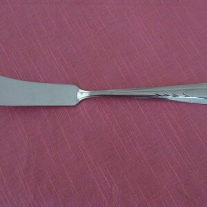 May include: A stainless steel butter knife with a rounded blade and a decorative handle. The handle features a series of etched lines. The knife is set against a pink background.