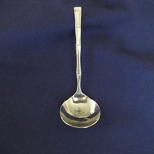 Könnte beinhalten: Ein silberfarbener Servierlöffel mit einem Bambus-Stil-Griff und einer abgerundeten Schüssel. Der Löffel ist vor einem dunkelblauen Hintergrund platziert, der das Licht reflektiert. Dieses Utensil eignet sich zum Servieren von Suppen, Saucen oder anderen Gerichten.