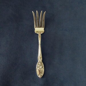 May include: Silverware fork with four tines, ornate handle, and floral detailing. The fork is centered on a dark blue background. The handle has a decorative, oval-shaped end.