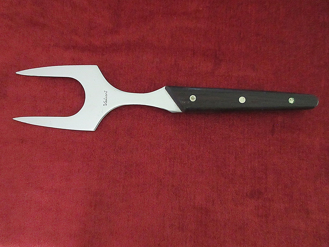 Exlg 12 1/4 Stainless Meat CARVING FORK With Brass Riveted Wooden Handle Marked VALIANT Great