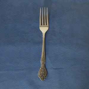 May include: A silver fork with four tines, set against a blue background. The handle features an ornate, floral design. This utensil is likely for formal dining.