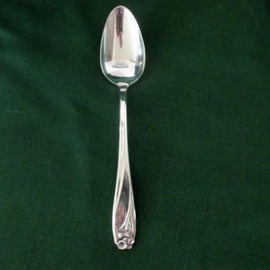 May include: A polished silver-tone metal spoon featuring a smooth, elongated handle that tapers toward the base. The handle end is decorated with a raised, embossed floral motif, while the bowl of the spoon is oval-shaped and reflective.