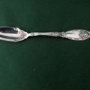 Puede incluir: Una cuchara de plata con detalles florales y racimos de uvas ornamentados. La cuchara tiene un cuenco reflectante y un mango grabado. La cuchara está sobre un fondo verde oscuro.