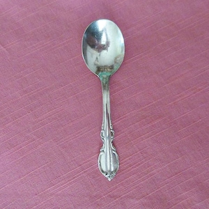 Op de afbeelding: Een gepolijste zilverkleurige metalen lepel met een ronde kom en een handvat met een in reliëf aangebracht decoratief krulpatroon aan de basis. De lepel heeft een glad, reflecterend oppervlak en een slanke hals die de kom met het handvat verbindt.