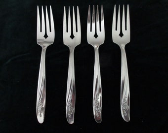 4 Glossy ONEIDA Stainless Salad/Dessert FORKS in ROSEANNE aka Rose Pastel Pattern with a Single Rose  on Handle Good Used Condition Polished